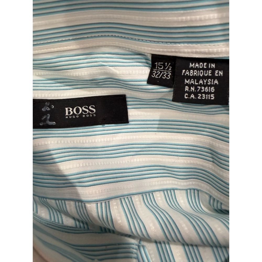 Hugo Boss Mens Teal White Striped Cotton Dress Shirt 15.5 32/33 Long Sleeve - Picture 4 of 12